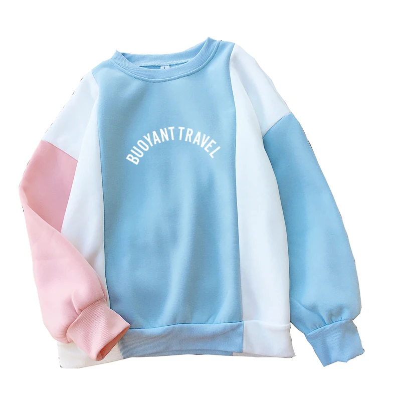

Women Fashion Sweatshirt Harajuku Letters BUOYANT TRAVEL Printed Patchwrok Thick Hoodies Moletom Feminino Korean Casual Pullover