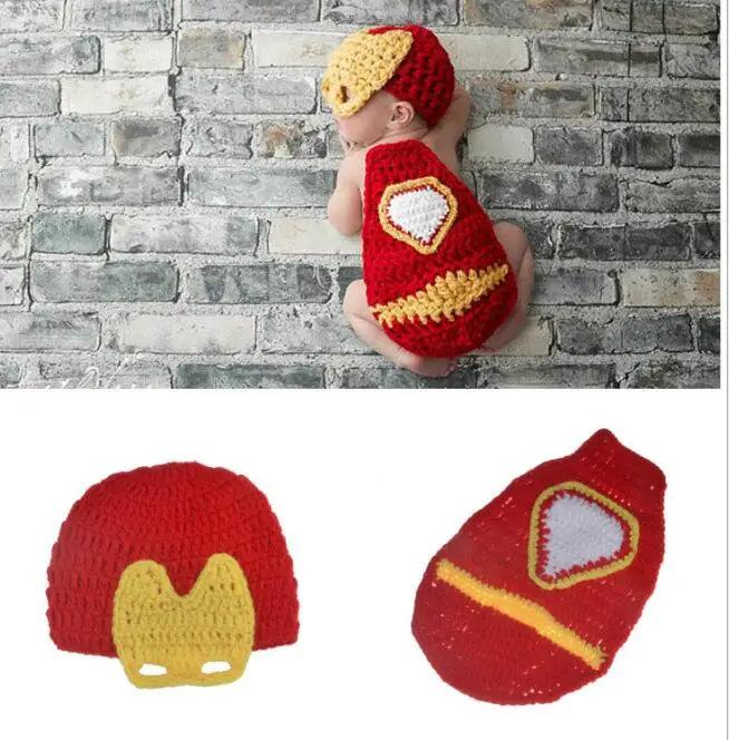 iron Man Red Шапка-скафандр для фотосъемки новорожденных мальчиков и девочек, вязаная крючком одежда, боксер, боксерские перчатки+ штаны, комплект для малышей - Цвет: iron Man Red