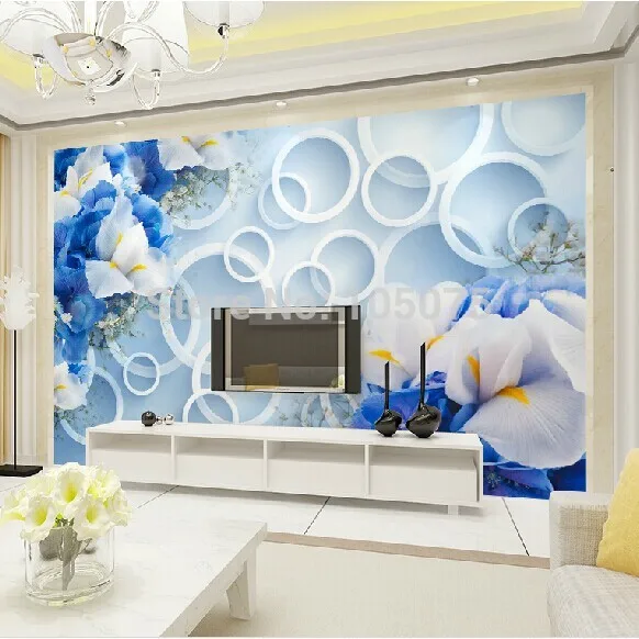 Оптовая продажа 3d настенная фоновая ткань обои с изображением фрески синие цветы