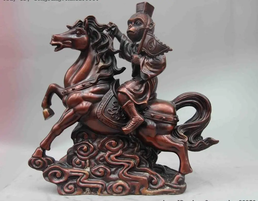 

Chinese Feng Shui Copper Bronze Sun Wukong Monkey King Ride Horse Animal Statue