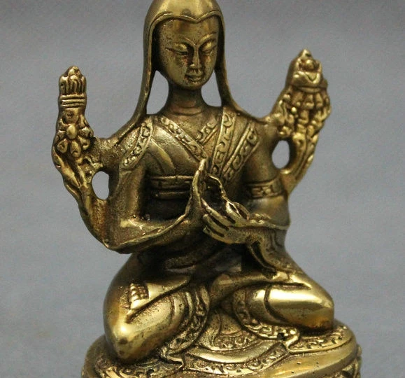 Тибетский буддизм Чистая латунь защита Lotus Tsongkhapa Будда Joss статуя сиденья | Дом и