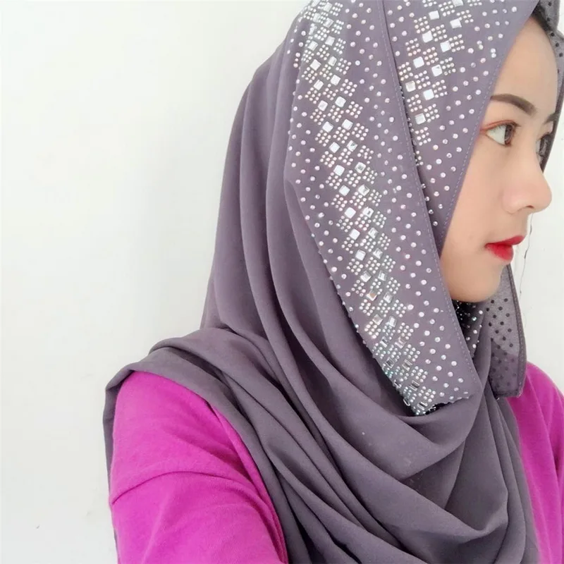 Женский шифоновый шелковый шарф однотонный Блестящий со стразами популярные