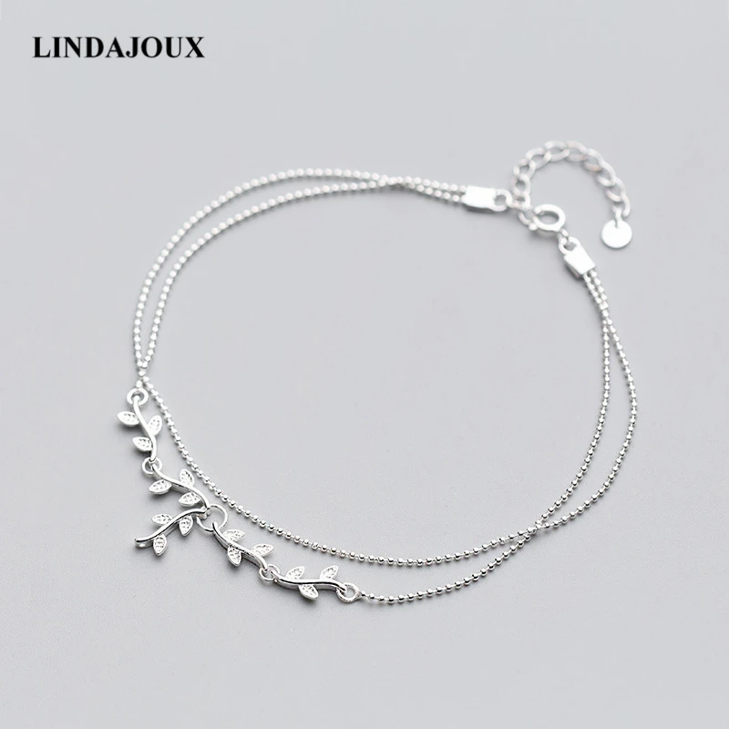 LINDAJOUX 925 пробы серебряные слои прозрачный Циркон ветка дерева Шарм ножной браслет для женщин S925 лодыжки браслет Регулируемая длина
