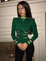 top quality green white black long sleeve gold line front zipper rayon bandage coat celebrity party jacket