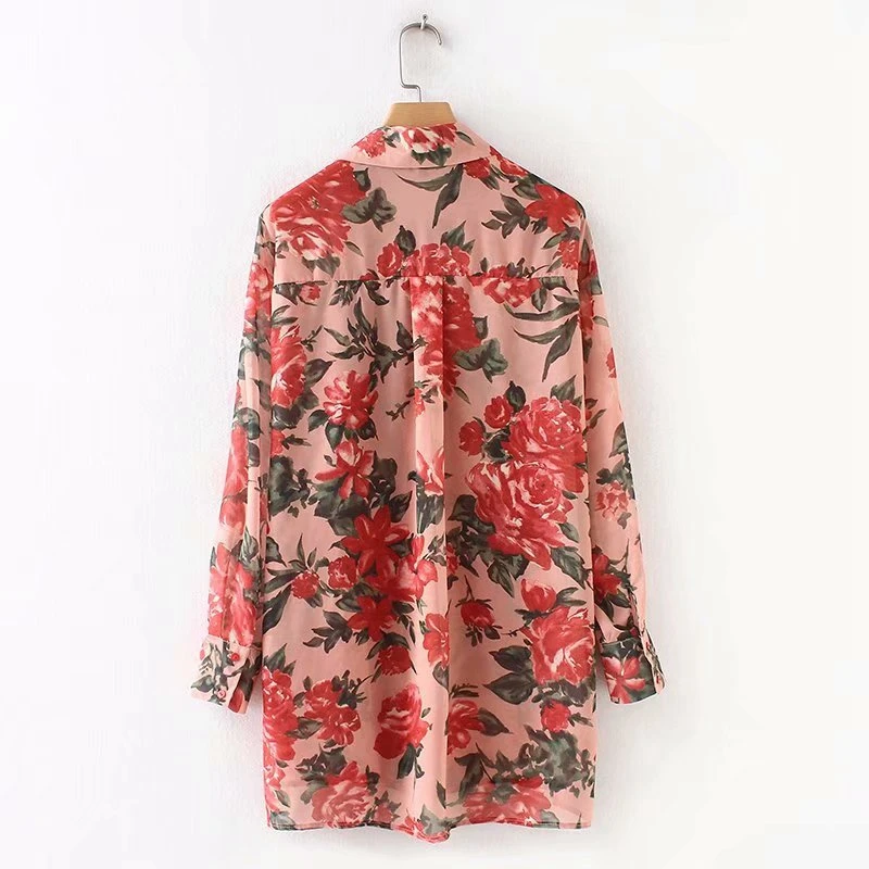 Ladies Chiffon Long Sleeve Blouse Flower Print Turn Down Collar Plus Size Loose Women Autumn Tops ZA8958 |