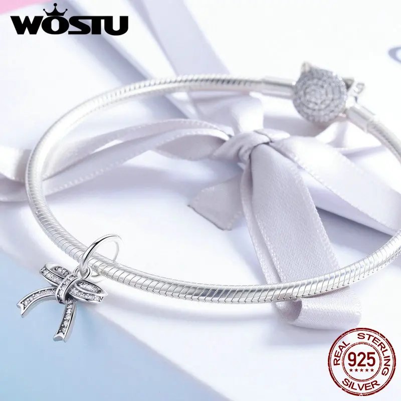 WOSTU подлинный 925 пробы Серебряный бант Кристалл CZ кулон подходит браслет ожерелье Женская мода ювелирные изделия CQC775