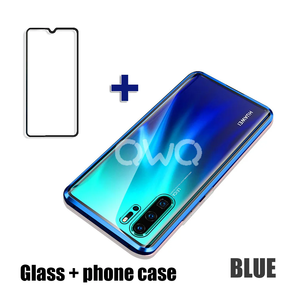 Металлический магнитный стеклянный чехол для телефона huawei P20 P30 Pro Lite P Smart Защитные чехлы для huawei mate 20 Lite Pro откидная крышка - Цвет: blue and glass