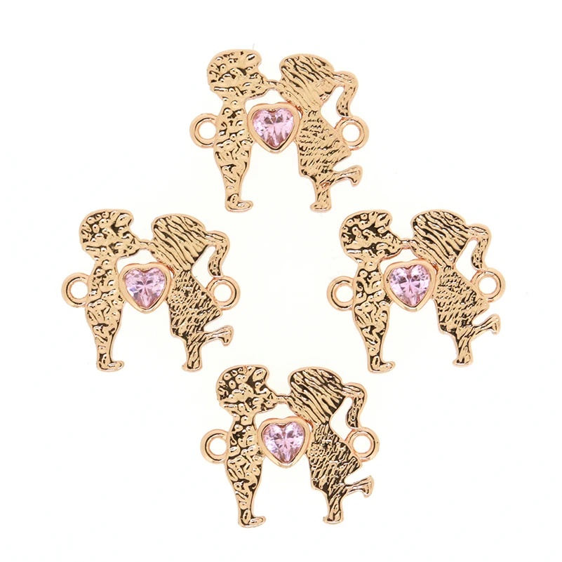 Charms 4 Metal Colors Sweet Kissing Couple Charm With Heart Shape Pink Crystal 2 Loops For Chic Diy Jewelry Making Bracelet | Украшения и