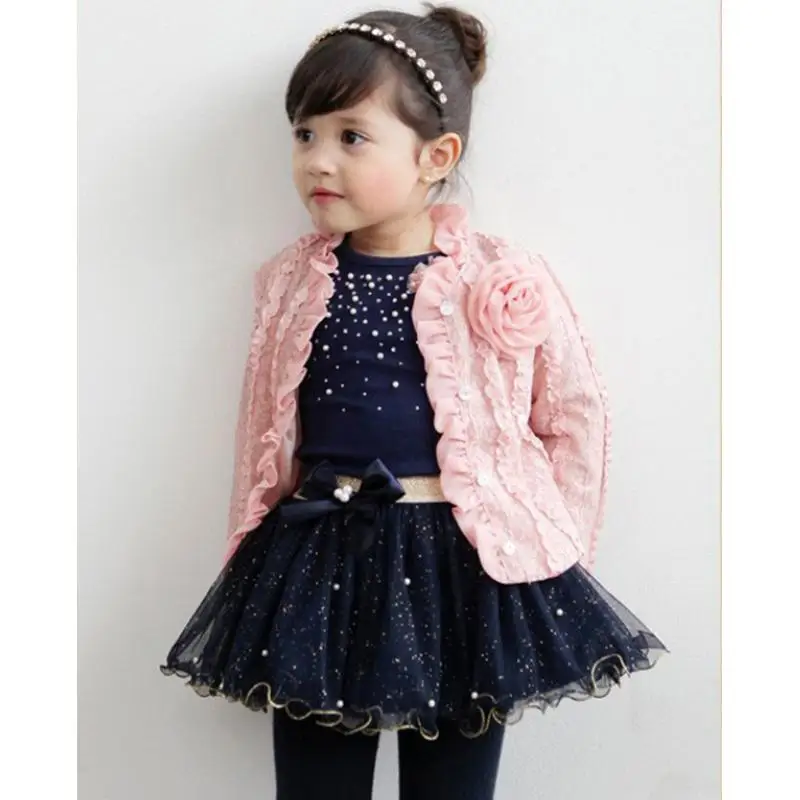 Spring Baby Girls Clothing Sets 3 Pieces Suit Flower Coat + Blue T Shirt Skirt Clothes | Детская одежда и обувь