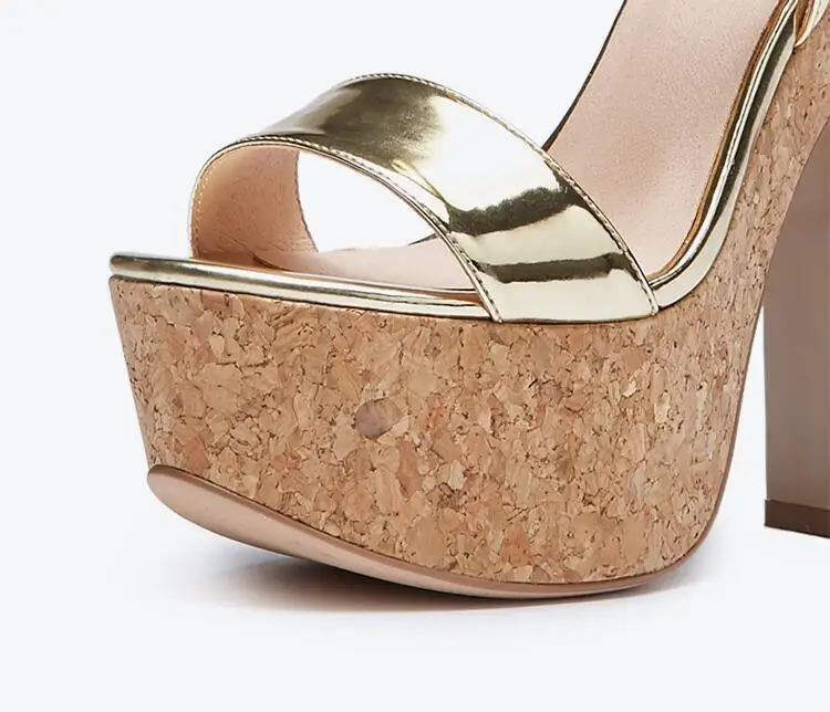 Sandalias Mujer; коллекция года; кожаные босоножки на деревянной платформе золотистого цвета; летние туфли на высоком каблуке с вырезами и ремешком; туфли-лодочки с открытым носком для ночного клуба и банкета