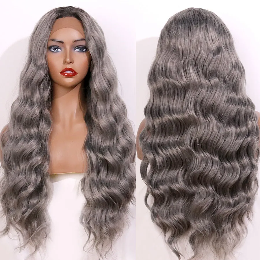 EEWIGS Glueless серый синтетический парик фронта шнурка 180% Плотность глубокая волна синтетические парики для женщин термостойкий платиновый блонд парик - Цвет: Серый