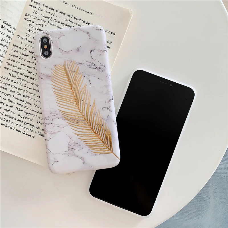 KEXIN Phone Case For iPhone XS MAX XR X Funny Gold Feather Gray Marble Design 7 8 6S Plus Anti-knock Soft Back Cover |