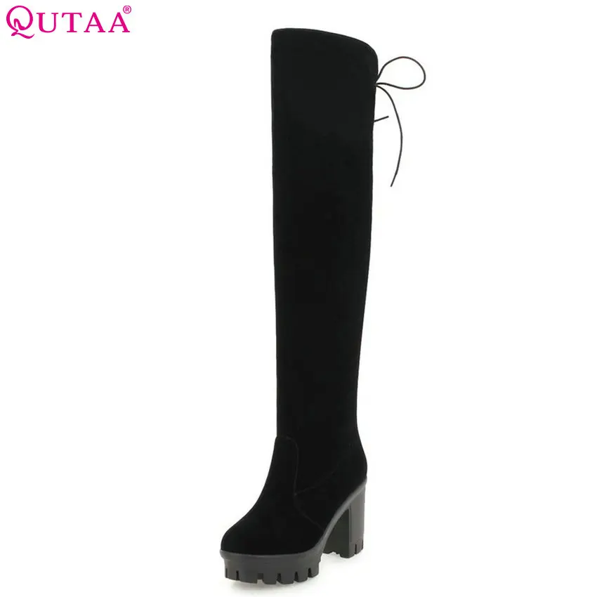 Женские высокие сапоги QUTAA зимние однотонные из флока на платформе большие