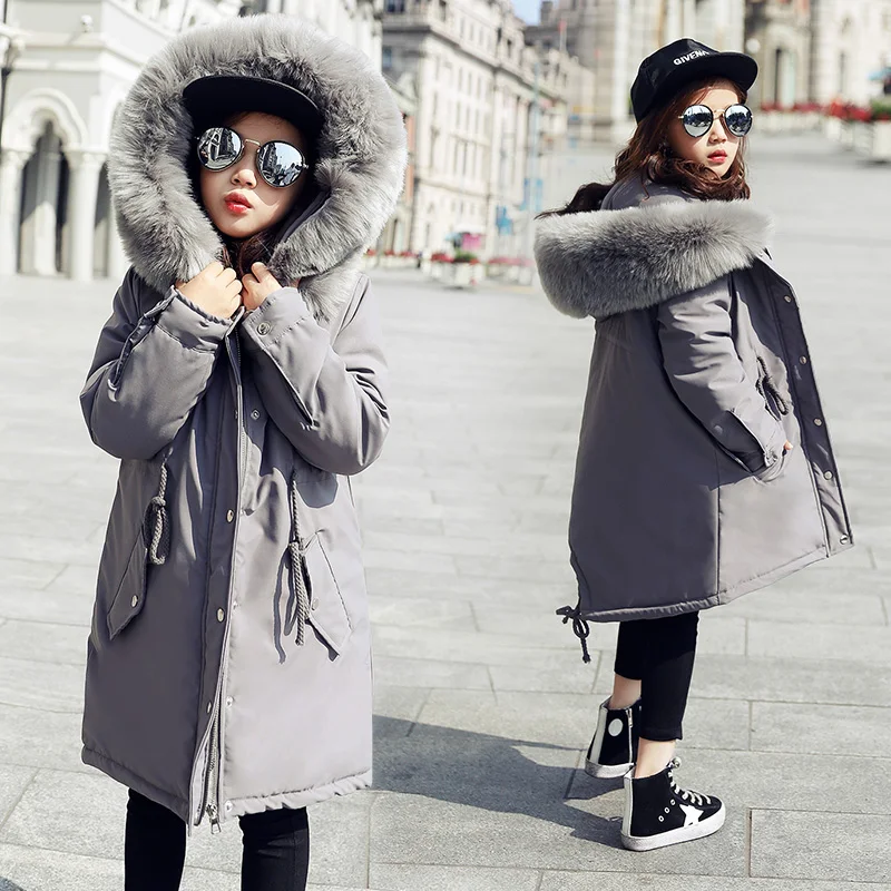 2018 Girls Winter Long Big Fur Collar Thickened Jackets kids Outdoor Hooded Warm Windbreakers Kids Casual Slim Outerwear &amp Coats | Детская