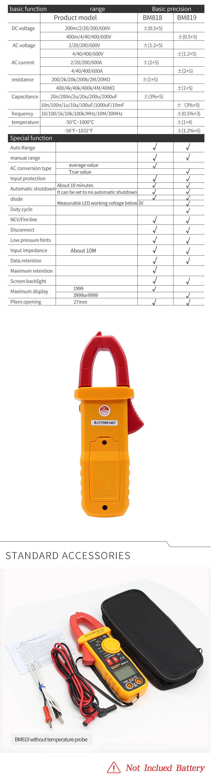 SZBJ BM818 BM819 Ammeter ACV/DCV ACA Auto Range Measurement of large capacitance NCV Digital clamp meter
