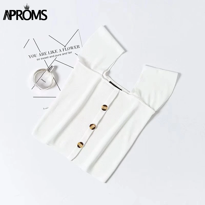 Aproms красный с плеча Трикотажная майка Для женщин пуговицах Slim Fit Crop Top белый основные майки уличная укороченные футболки - Цвет: Белый