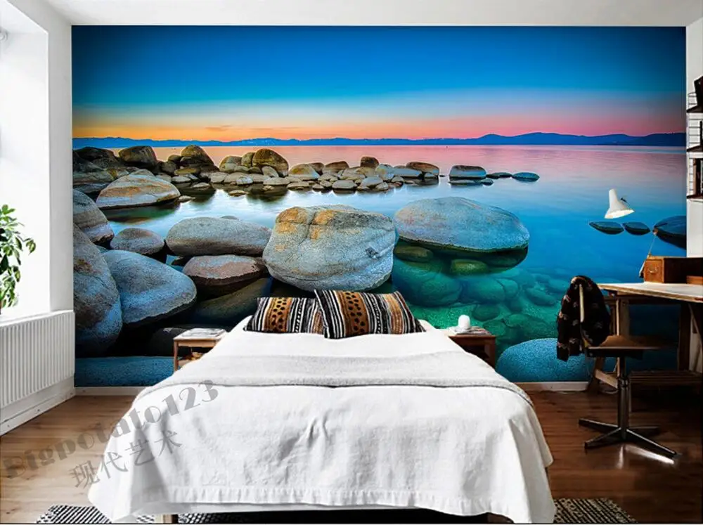 Custom 3d murals Beautiful fire clouds blue sky stone lake scenery papel DE parede living room sofa tv wall bedroom wallpaper |