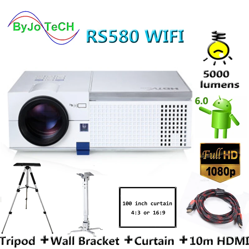 

Светодиодный проектор ByJoTeCH RS580, Wi-Fi, 1080P, Android 6,0, Bluetooth, со штативом, 10 м, HDMI