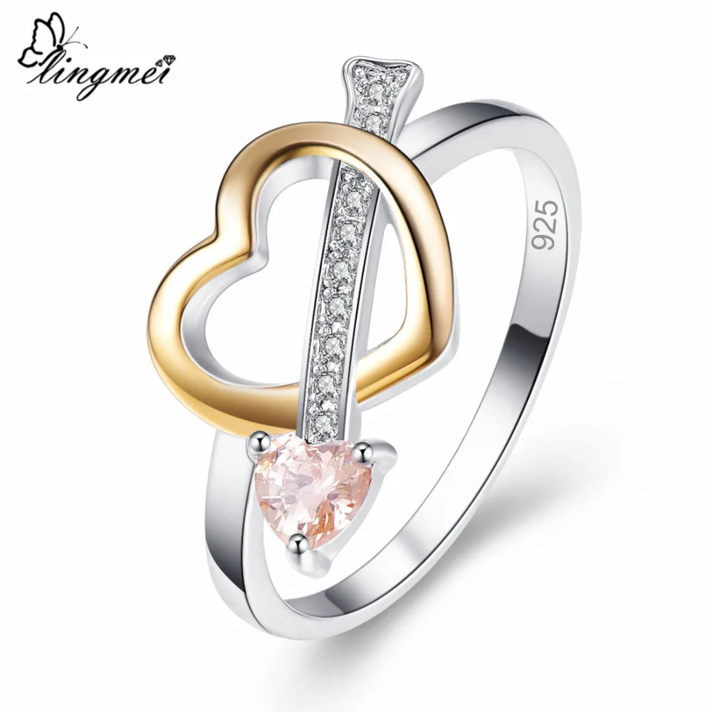 Lingmei Love Heart Women Fashion Jewelry Pink &amp Yellow White Zircon Silver Color Ring Size 6 7 8 9 Wedding Bridal Gifts | Украшения и