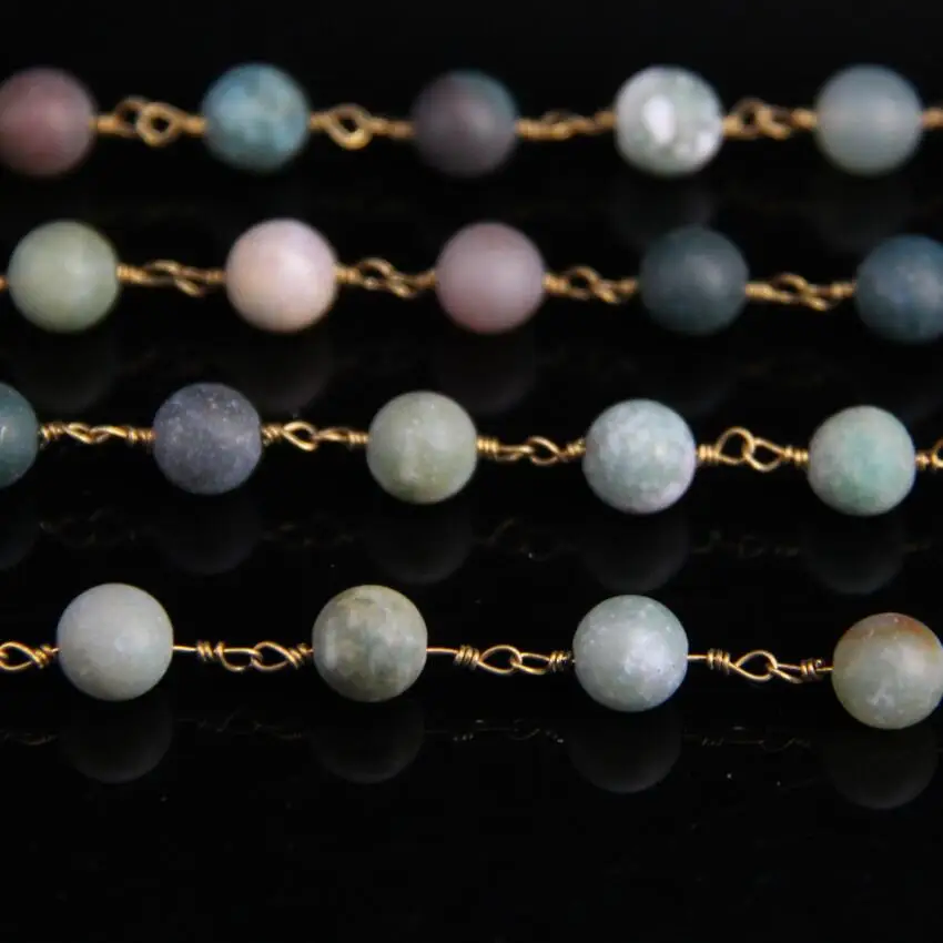 

8mm Indian Agate Matte Round Bead Rosary Chains,Natural Stone beads with Brass Wire Wrapped Chain Necklace DIY Jewelry Findings