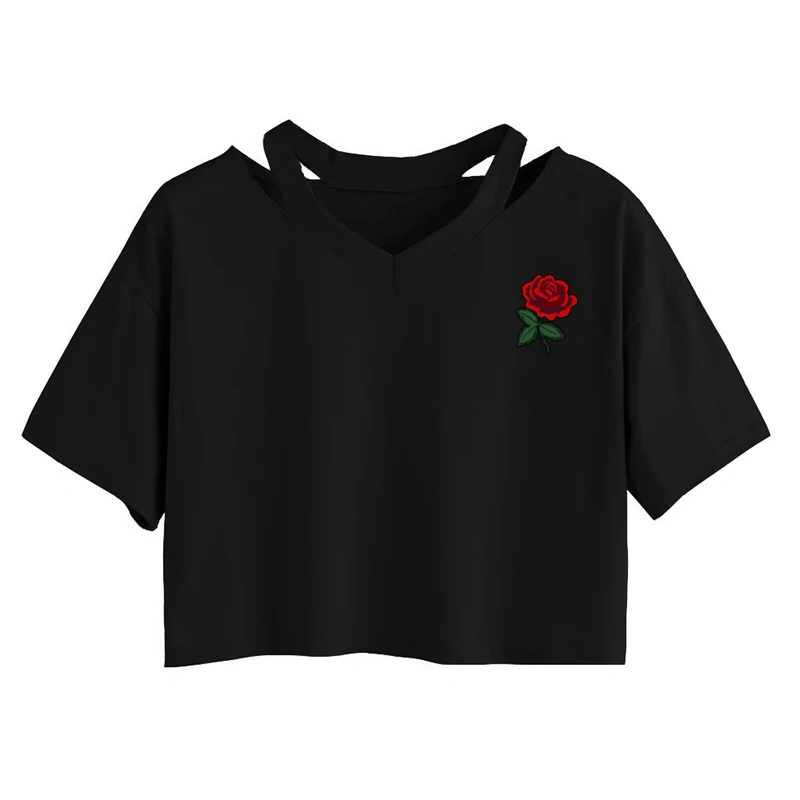 summer female Harajuku trend short paragraph loose sleeve top rose flower casual T-shirt | Женская одежда