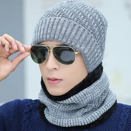 gray Новые зимние шапочки для мужчин шарф вязанные шапки кепки маска Warm капот Теплые Мешковатые зимние шапки для мужчин женщин Skullies шапочки шапки - Цвет: gray