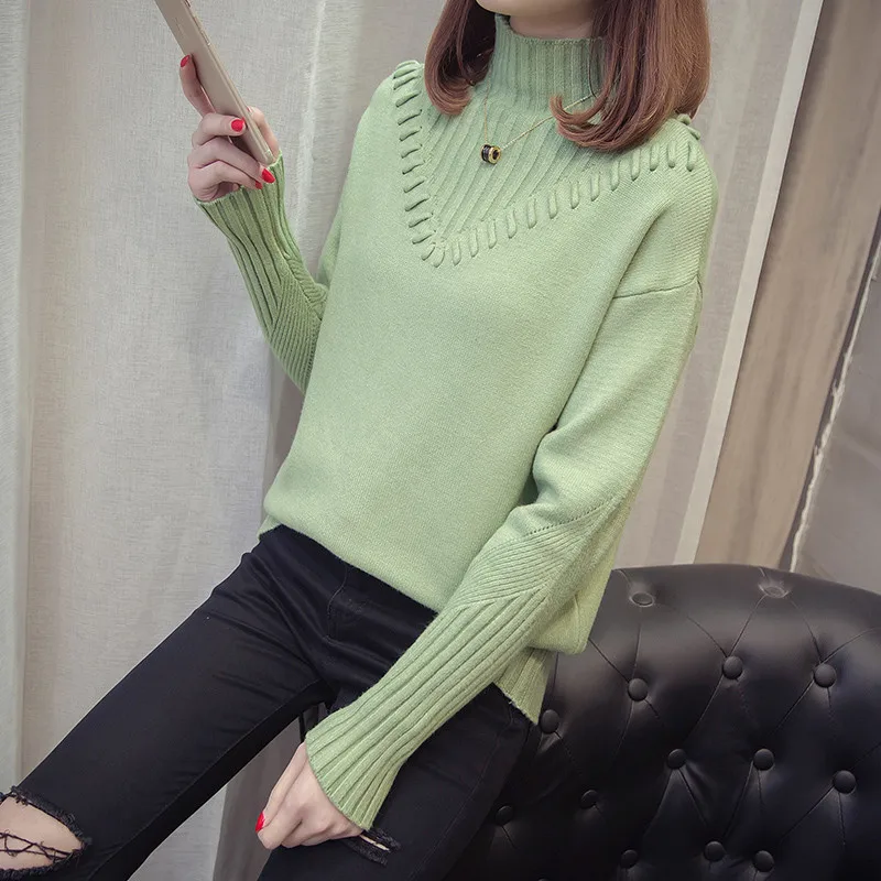 Autumn Winter Women Sweater 2018 New Half-High Collar Pullover Female V Loose Thick Knit Ladies Top Cw002 | Женская одежда
