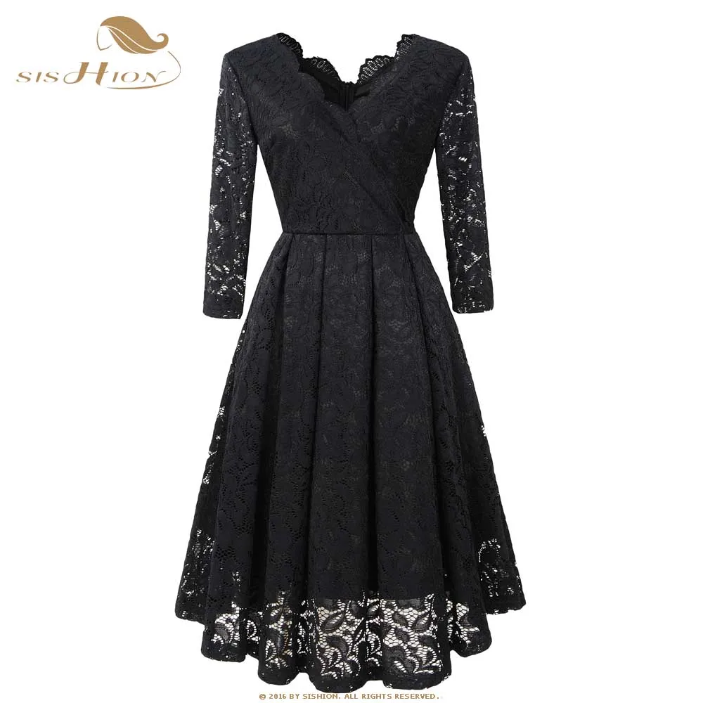 Женское кружевное платье с длинным рукавом V образным вырезом|Женские платья| |