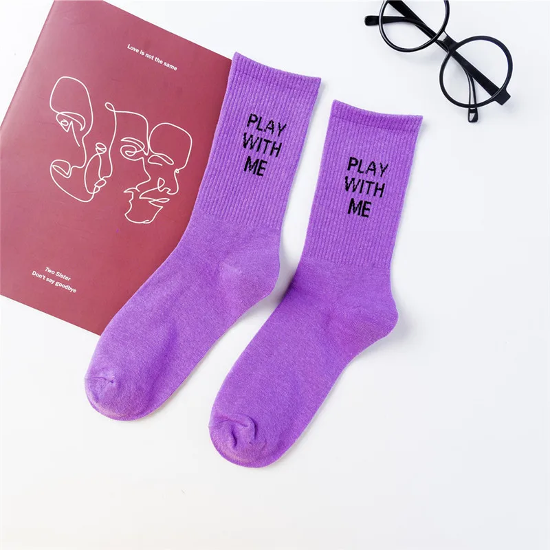 Purple Хлопок, милые женские носки с буквенным принтом, Meias, Ретро стиль, вышивка, Длинные цветные забавные носки, Amozae, разноцветные чулки для женщин и девочек - Цвет: Purple