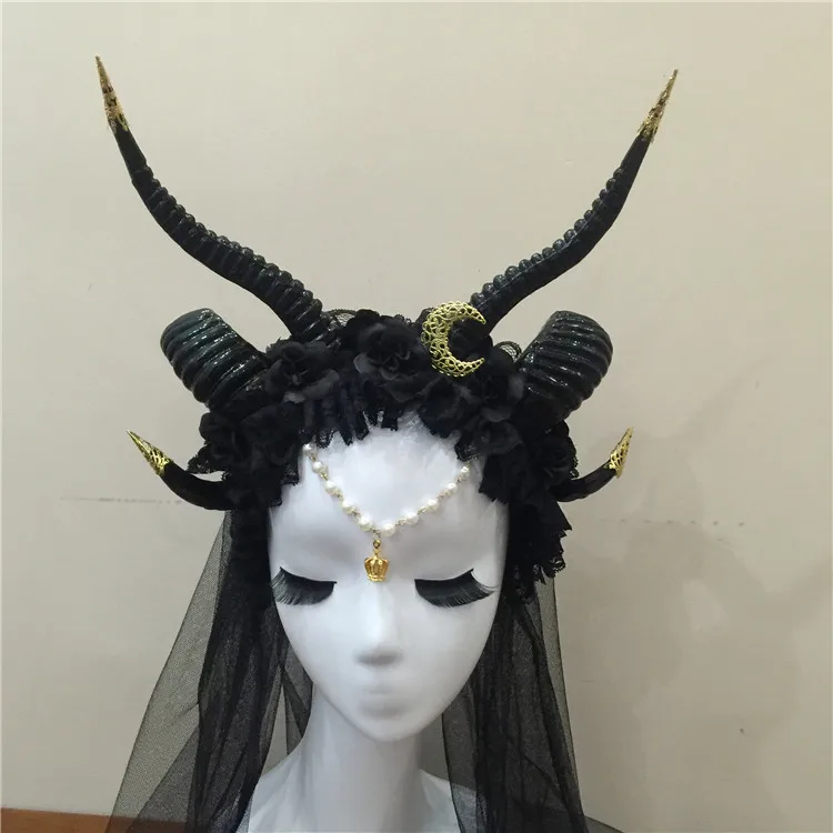 Gothicpunk Ram ободок с рогом Луной Овцы Рог головная повязка тика в стиле панк рога