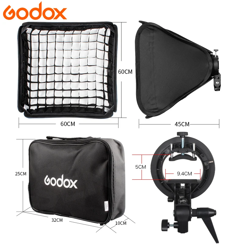 Софтбокс Godox 60x60 см с сеткой + s образный кронштейн держатель сумка для переноски
