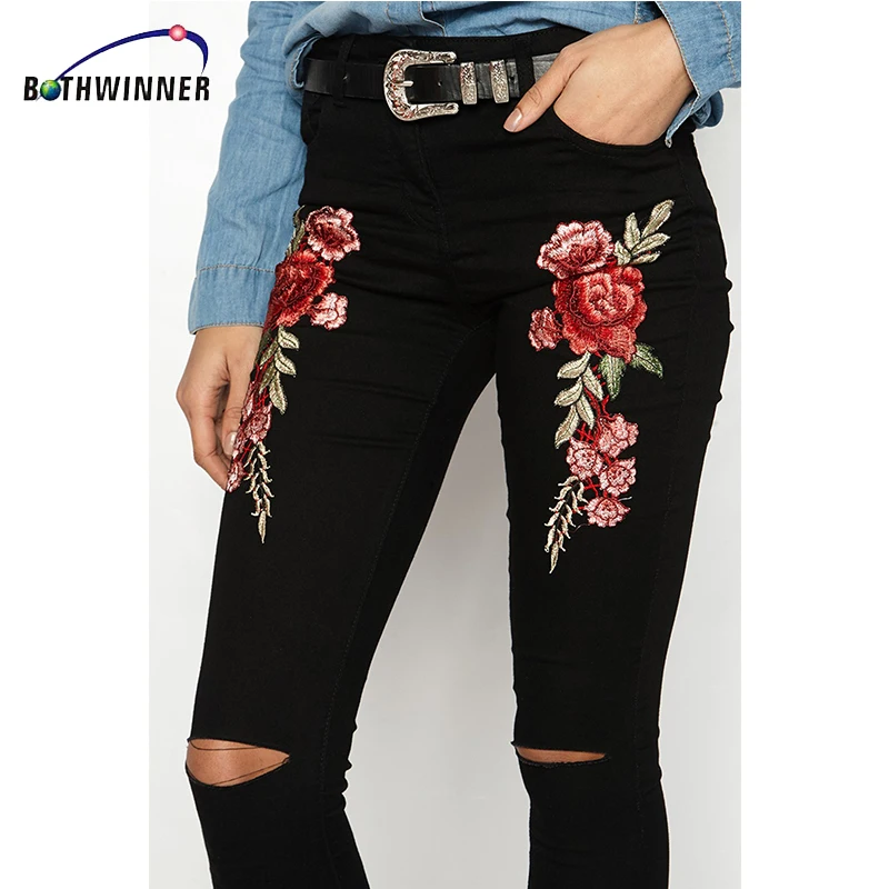 Bothwinner стрейч вышитые джинсы для женщин эластичный цветок женские узкие