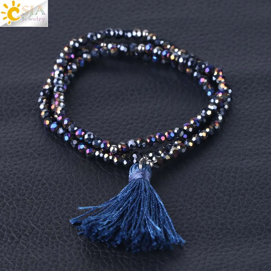 Blue CSJA Boho кисточка с бахромой крошечный граненый многослойный Хрустальный Браслет Браслеты Дружбы бижутерия ручной работы Pulsera эластичный S117 - Окраска металла: Blue