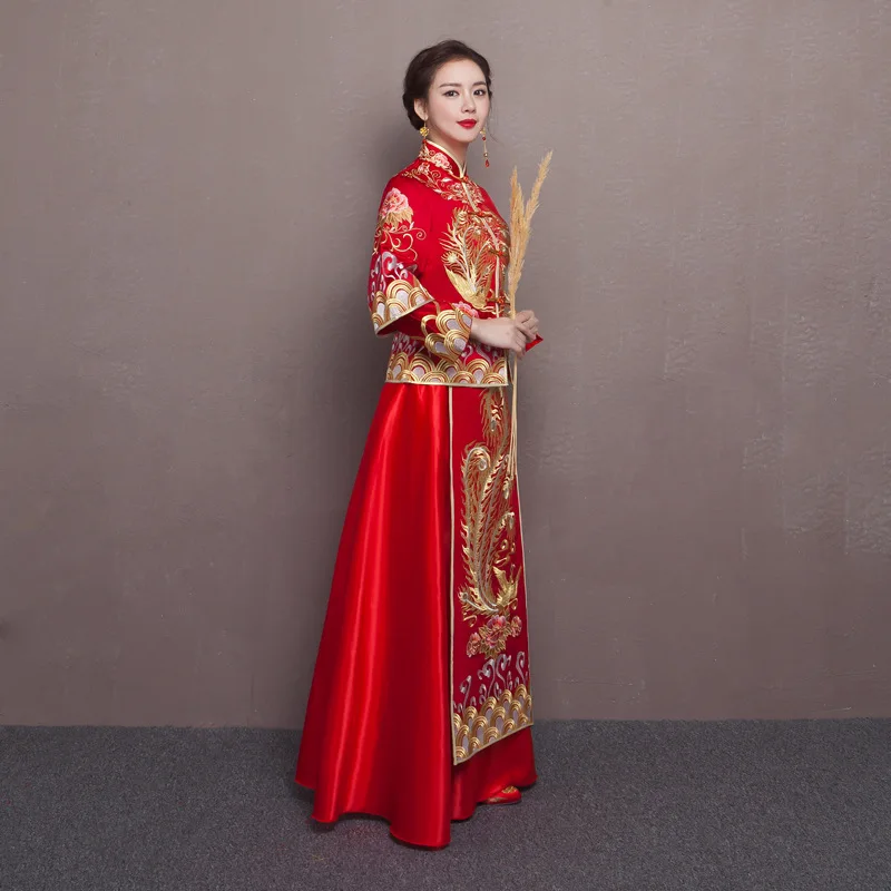 Red Bride Wedding Qipao Chinese Dress Retro Toast Clothing Dragon and Phoenix Gown Happy Marriage Clothes | Тематическая одежда и