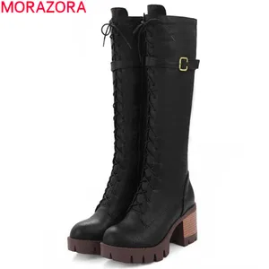 Женские мотоциклетные сапоги MORAZORA, черные сапоги до колена из искусственной кожи, на платформе, с застежкой-молнией и высоким каблуком, 2019