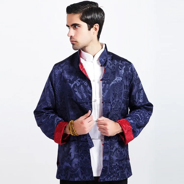 Темно синий бордовый китайский человек Двустороннее пальто шелковая атласная