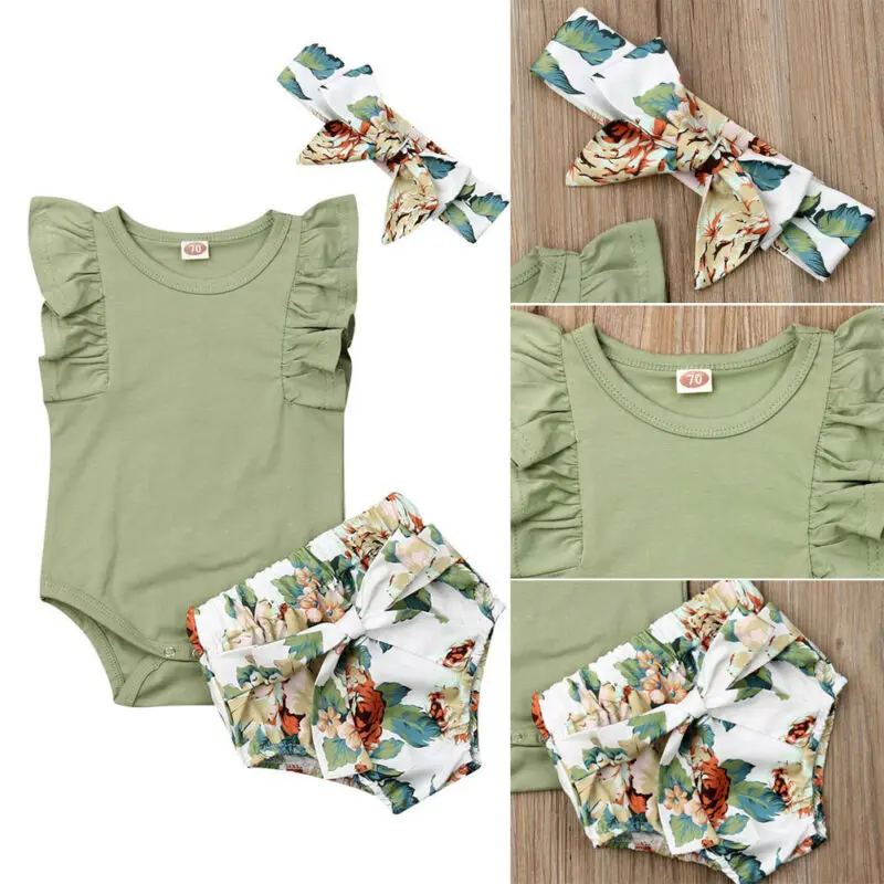 

Newborn Infant Baby Girls Ruffle Sleeve Romper Flower Shorts Outfit Clothes 0-2Y