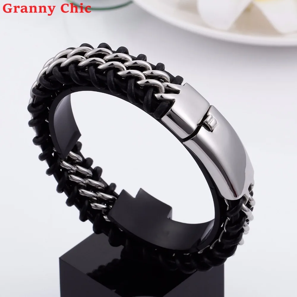 Мужской плетеный кожаный браслет Granny Chic 8 66 дюйма 18 мм из нержавеющей стали с