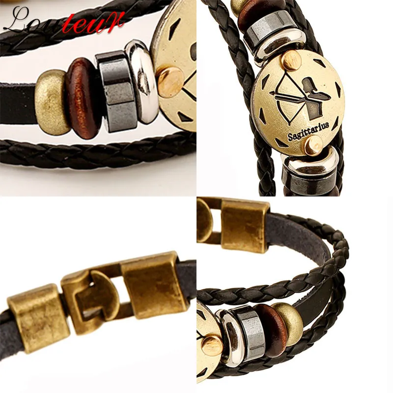 LOULEUR Gemini Scorpio Virgo Libra Aries Zodiac Taurus Bracelet for Men Women Geniune Braided Leather Jewelry | Украшения и