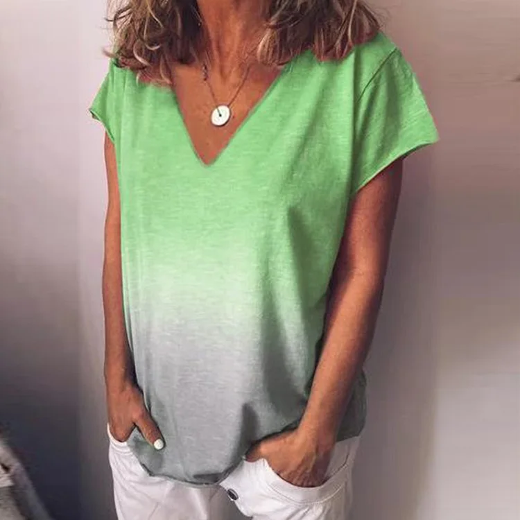 03 V-neck Green Viensta, 29 цветов, модная, градиентная, цветная, с принтом, блузка, рубашка, для женщин, плюс размер, Круглый ворот, летние топы, новинка, короткий рукав, Boho Blusas, 5XL - Цвет: 03 V-neck Green
