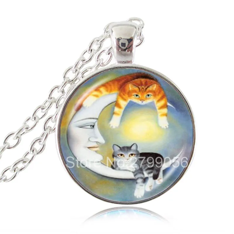 Коричневый и серый Кот с Луной ожерелье фото полумесяц Кулон котенок Китти