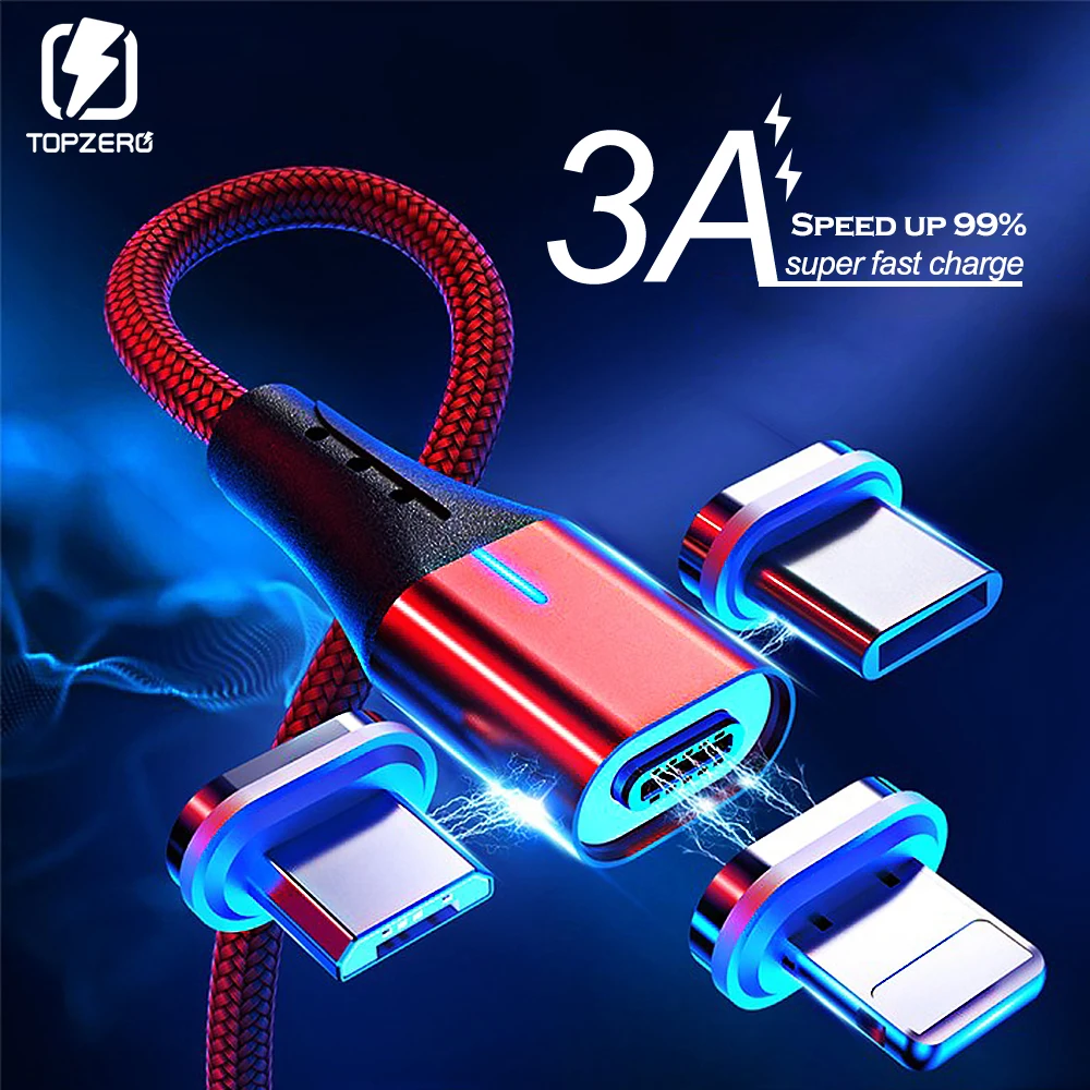 Магнитный usb-кабель для передачи данных 3 a, 1 м, 2 м, для iPhone X, XS, XS, MAX, светодиодный, mi, cro, USB, быстрое зарядное устройство, type-C, кабель для huawei, samsung Xiaomi mi 9