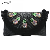 hot selling straw weave crossbody black beige bag fruit embroidery chain one shoulder bag bohemia for summer travel vocation
