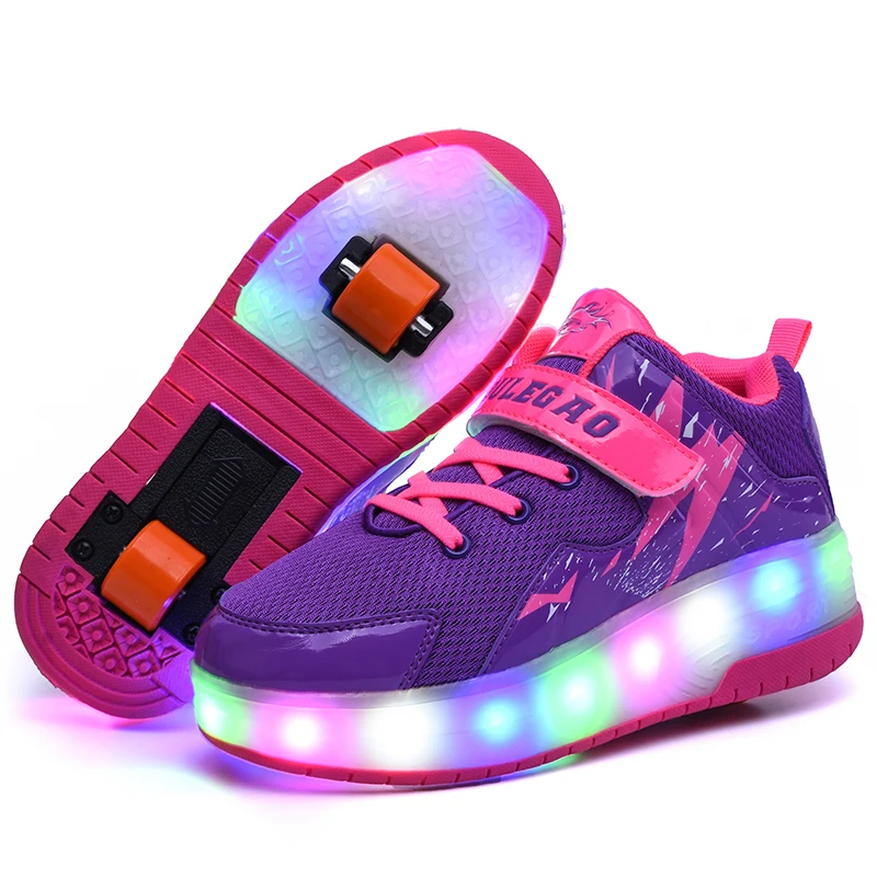 purple USB Charging Fashion Girls Boys LED Light Roller Skate Shoes For Children Kids Sneakers With Wheels Two wheels led shoe | Детская