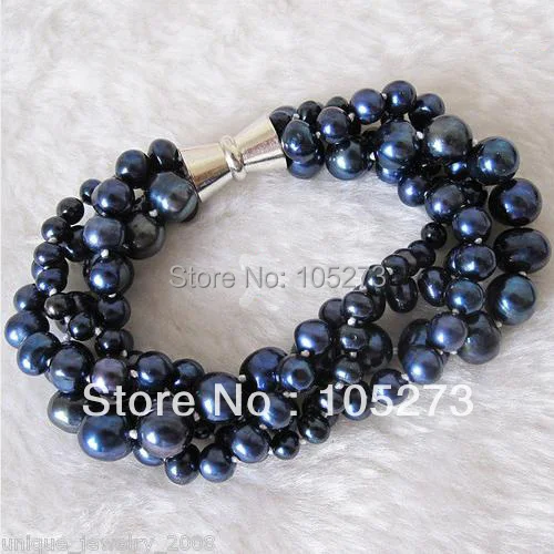 

New Arriver Pearl Jewelry 7-8inch AA 4-9MM Navy Color Natural Freshwater Pearl Beads Bracelet White Magnet Clasp Free Shipping