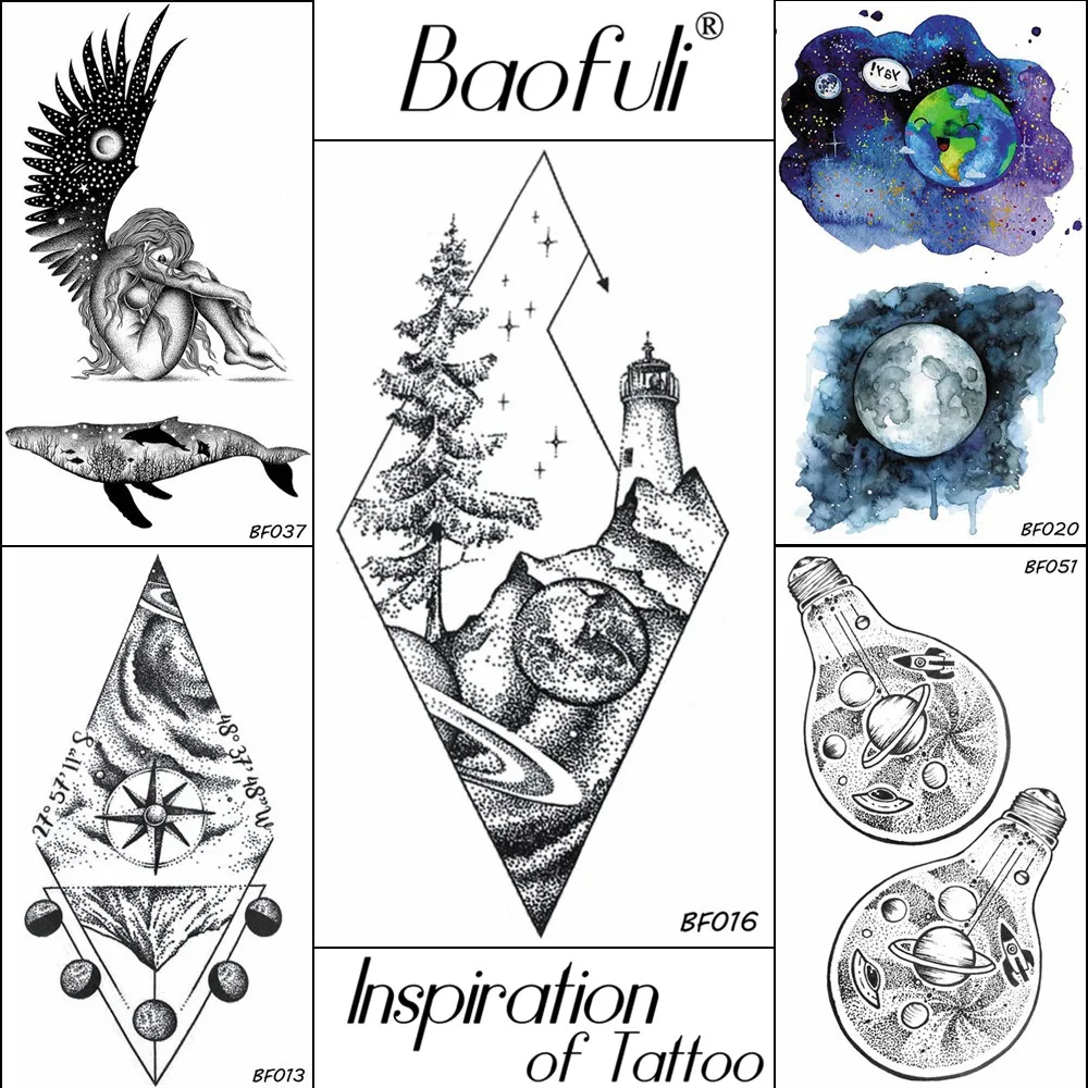 

BAOFULI DIY Temporary Men Geometric Stars Tattoo Diamond Universe Planets Body Art Lighthouse Hill Tattoo Black Tatoos Stickers