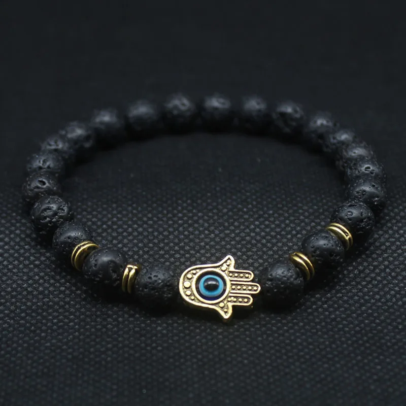 Gold-Color Hand of Fatima Hamsa Hand Bracelet of Mala Black Lava Stone Evil Eye Amulet Bracelets For Men Women HT-5