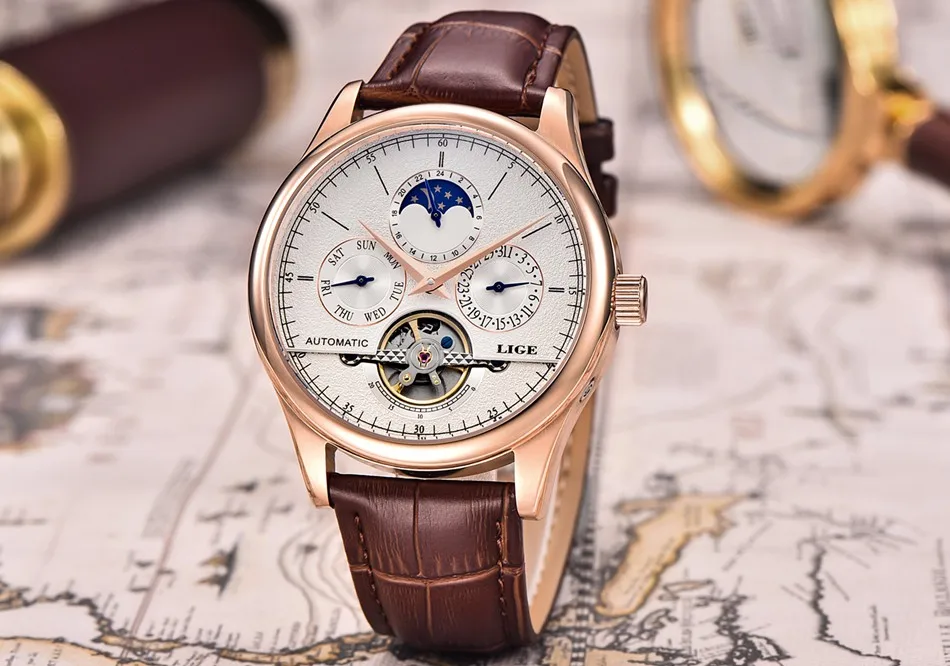 LIGE, брендовые автоматические мужские часы, механические часы, Tourbillon, спортивные часы, кожа, Бизнес Стиль, Ретро стиль, часы Relojes Hombre+ коробка