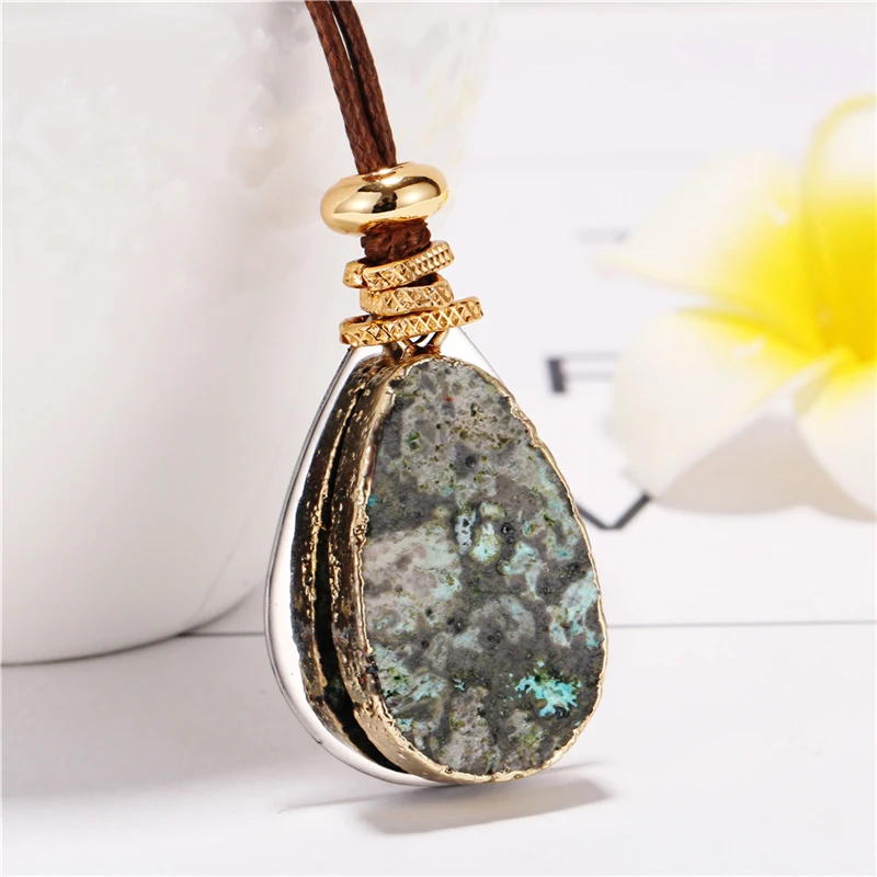 Natural Gem Stone Long Leather Rope Chain Necklace Unique Pattern Pendant Handmade Design For Women Men Charm Jewelry Statement | Украшения