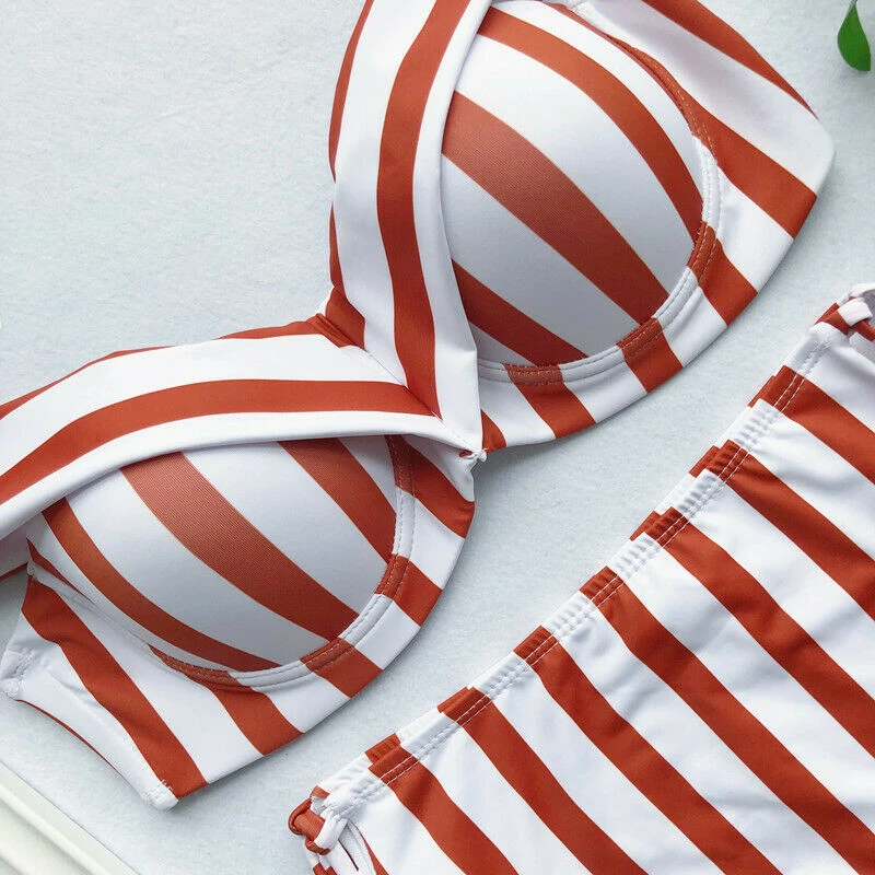 

Summer Women New Striped Bikini Sets Undrewire Padded High Waist Bandage Swimsuits Swimwear Holiday Beach Tankini Femme 2019